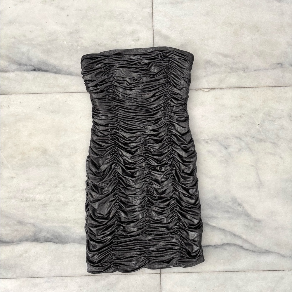 90s Y2K Cache Dress Silver Metallic Ruched Strapless Women 6 Party Cocktail Prom